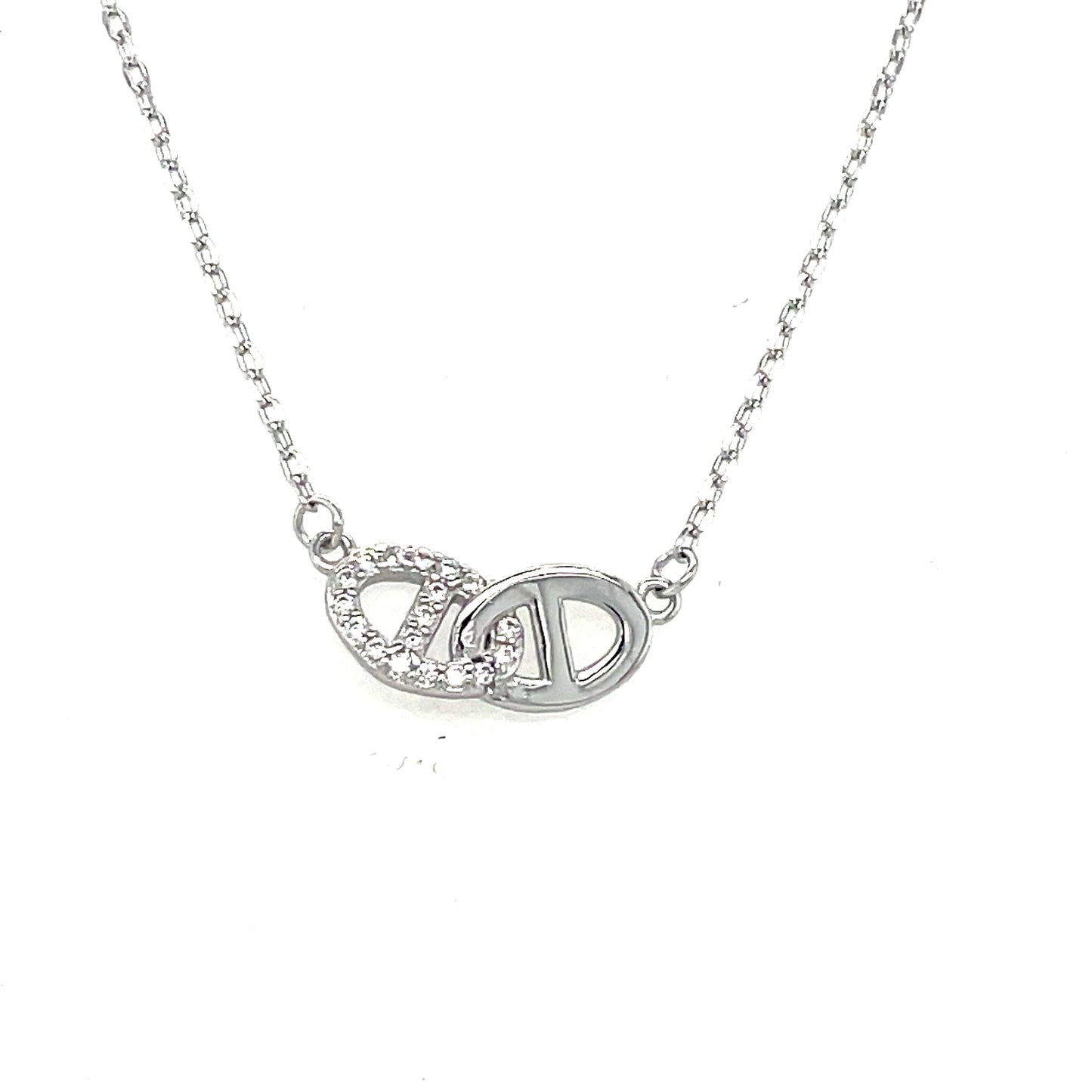 Sterling Silver Polished & Cubic Zirconia Anchor Link Detail Necklet