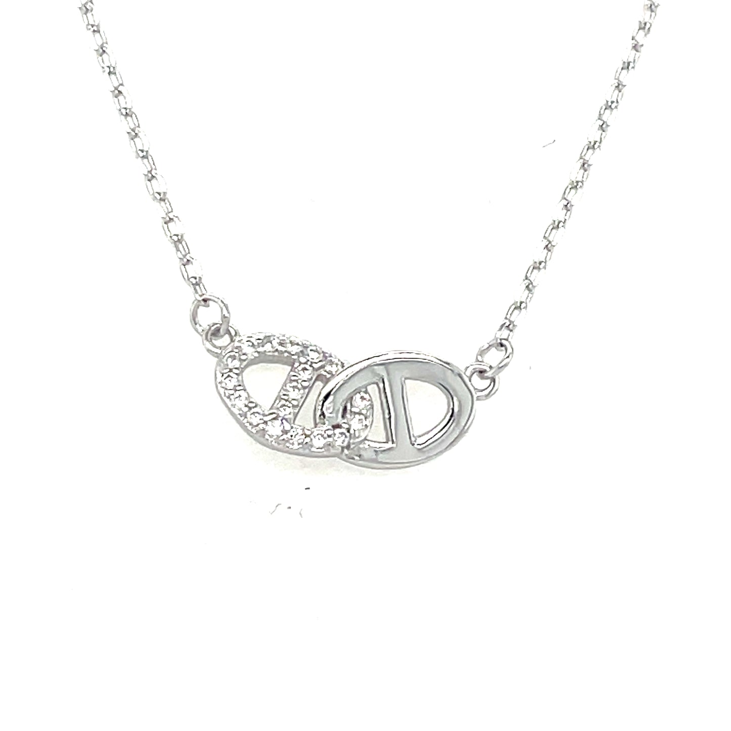Sterling Silver Polished & Cubic Zirconia Anchor Link Detail Necklet