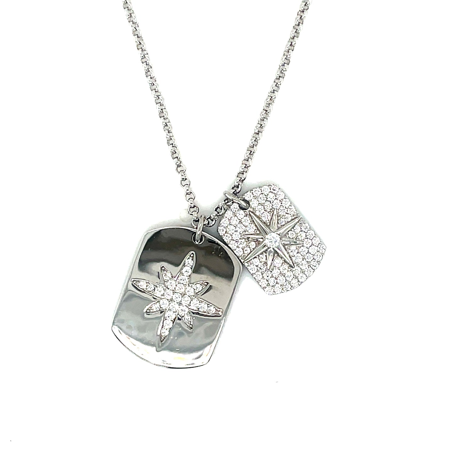 Sterling Silver Cubic Zirconia Large North Star Double Dog Tag Necklet