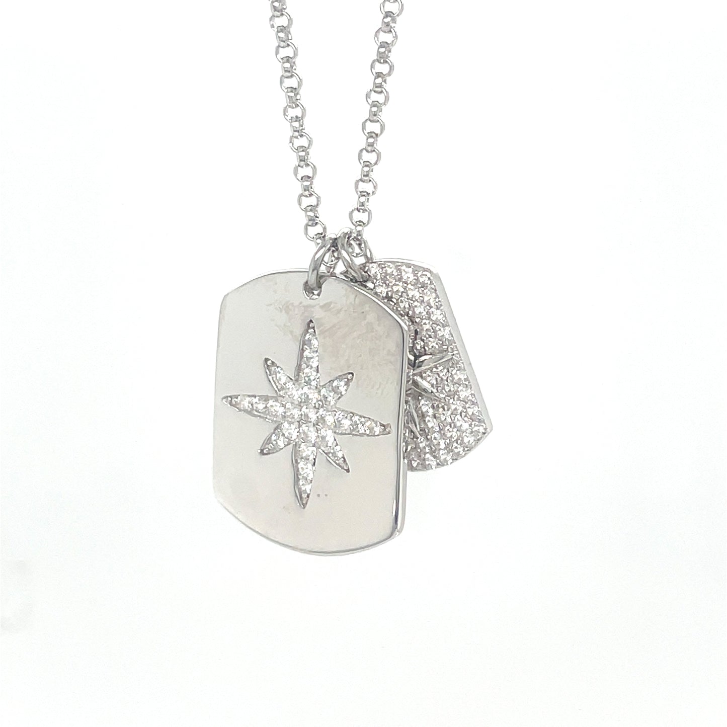 Sterling Silver Cubic Zirconia Large North Star Double Dog Tag Necklet