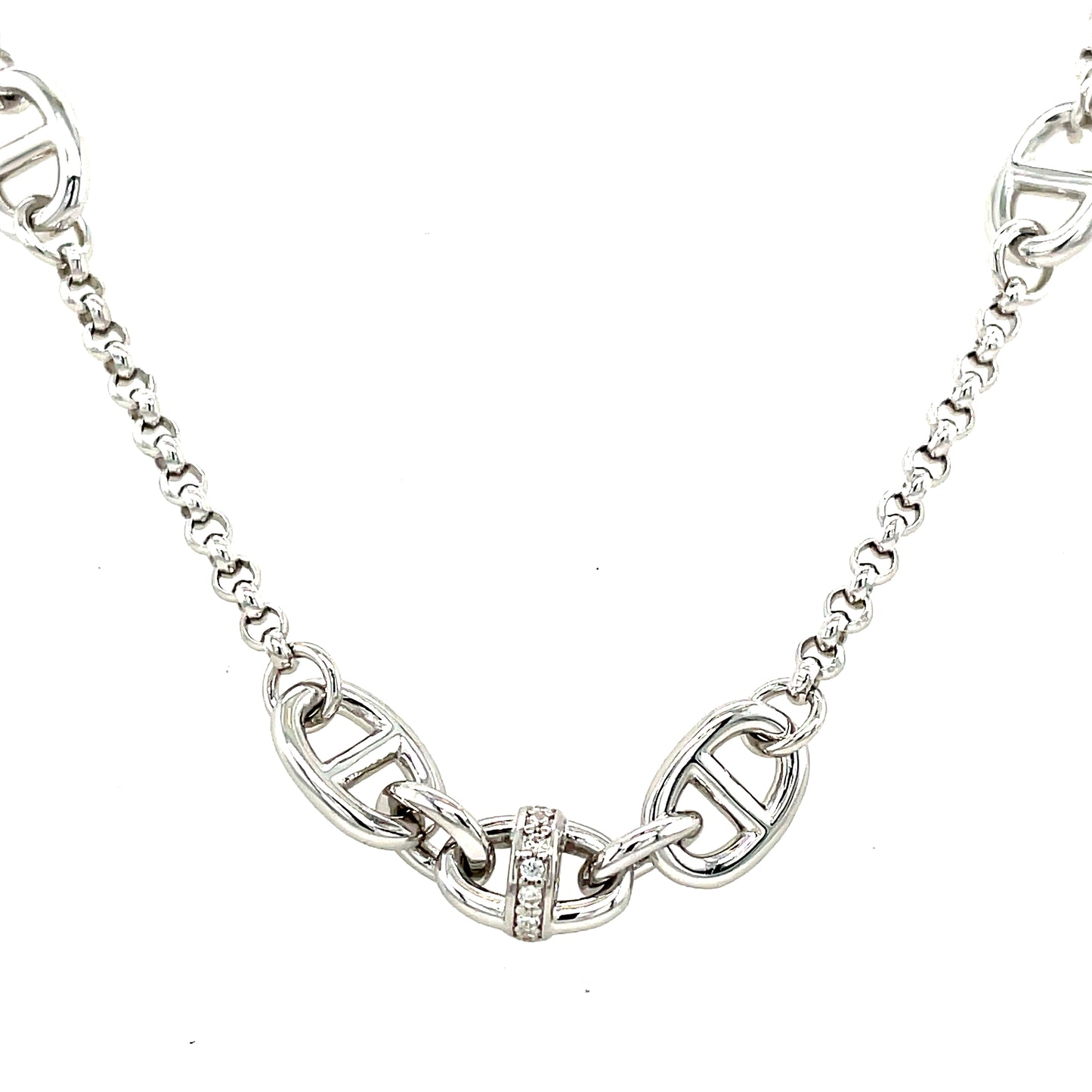 Sterling Silver Cubic Zirconia & Polished Coffee Bean Scatter Link Necklet