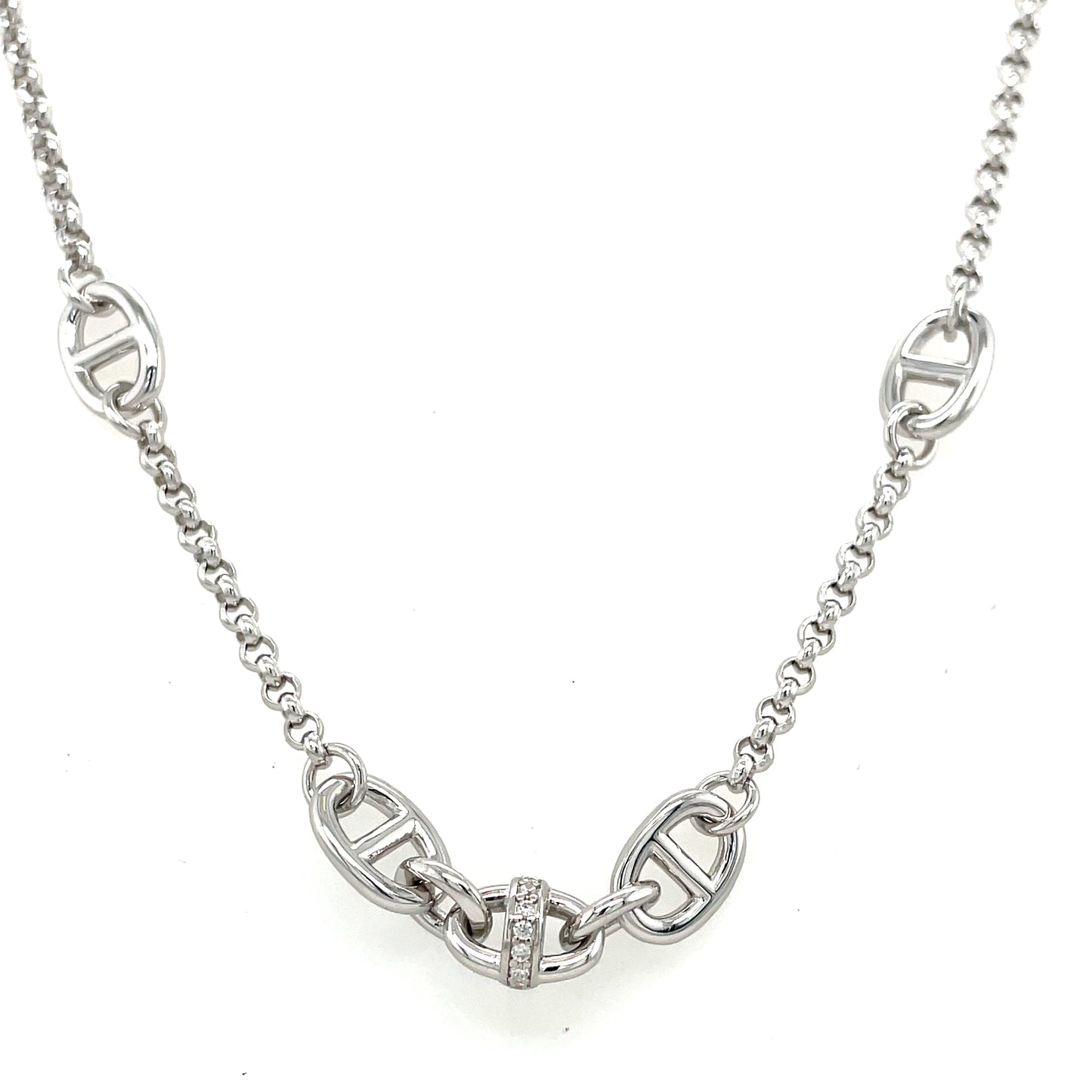 Sterling Silver Cubic Zirconia & Polished Coffee Bean Scatter Link Necklet