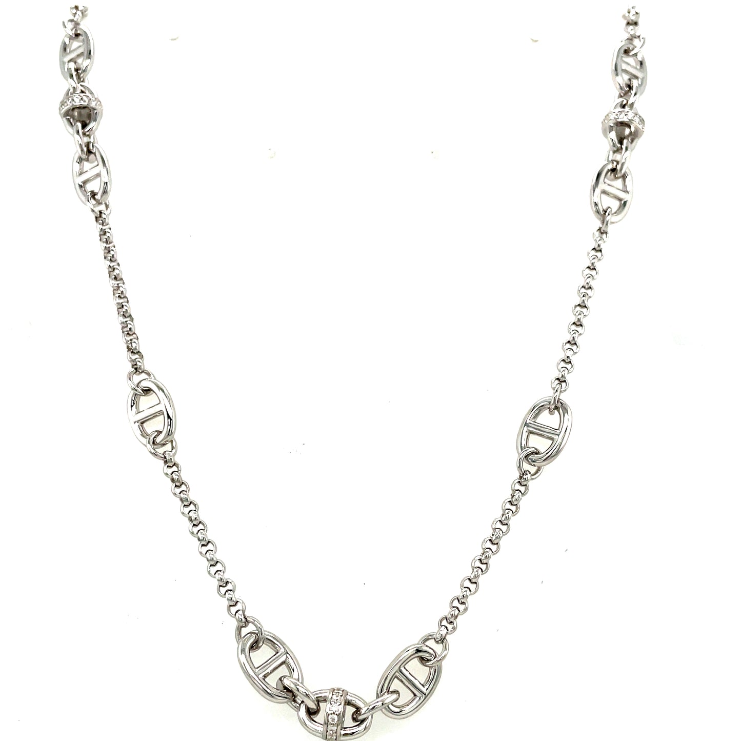 Sterling Silver Cubic Zirconia & Polished Coffee Bean Scatter Link Necklet