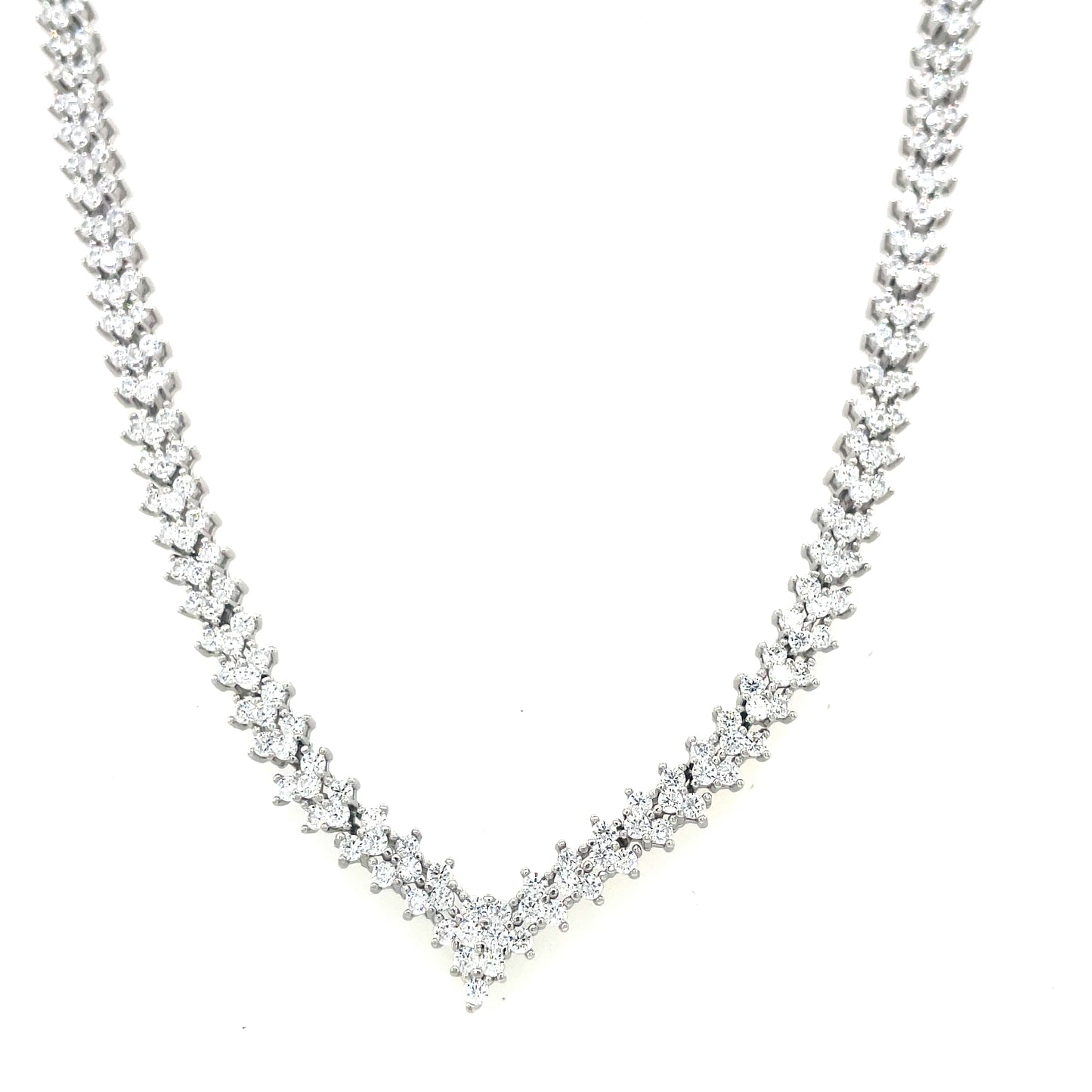 Sterling Silver Cubic Zirconia Multi Stone V Shape Necklet