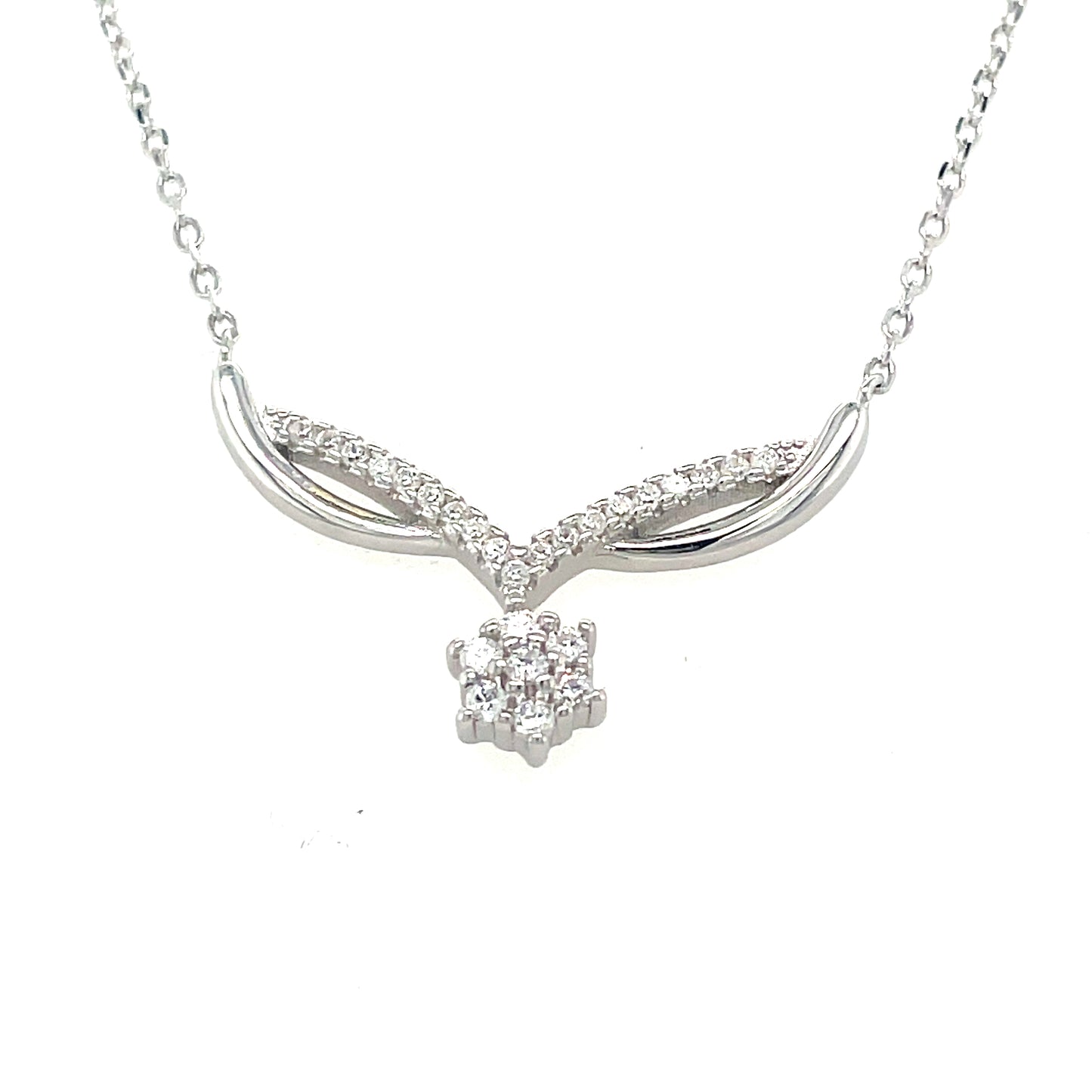Sterling Silver Cubic Zirconia & Polished Open Hammock Necklet With Drop Flower