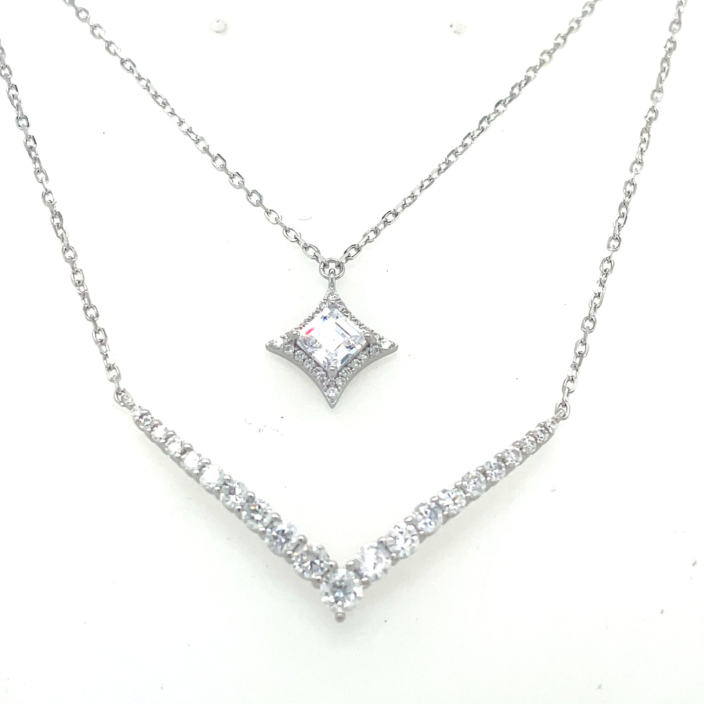 Sterling Silver Cubic Zirconia Double Row V Shape & Star Necklet