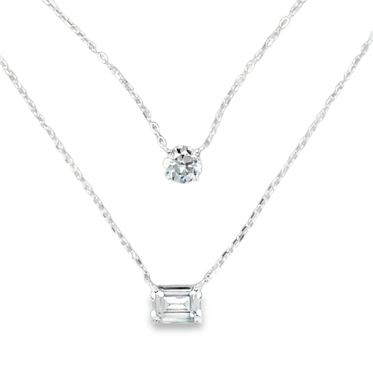 Sterling Silver Cubic Zirconia Double Row Round & Rectangle Necklet