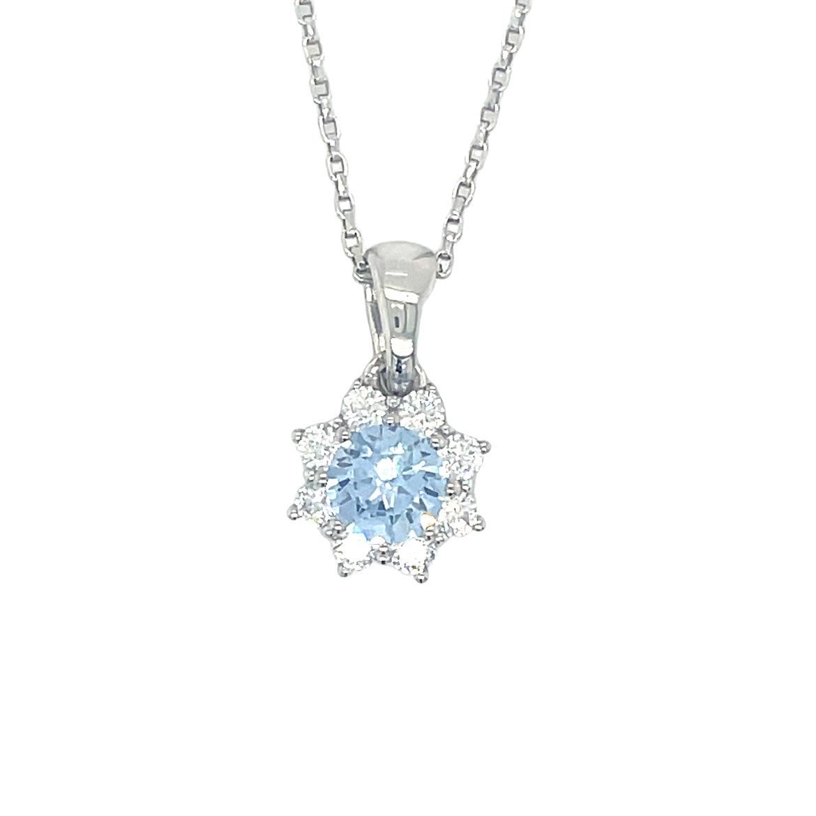 Sterling Silver Round Blue CZ with WHite CZ Halo Pendant