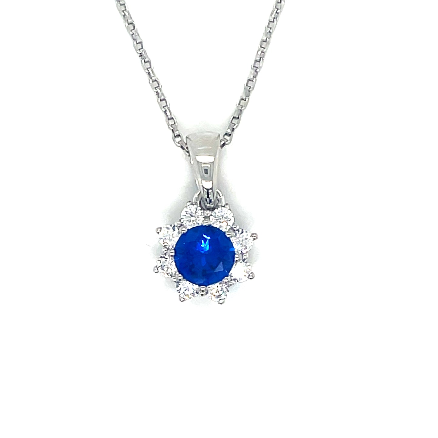 Sterling Silver Round Blue CZ with White CZ Halo Pendant