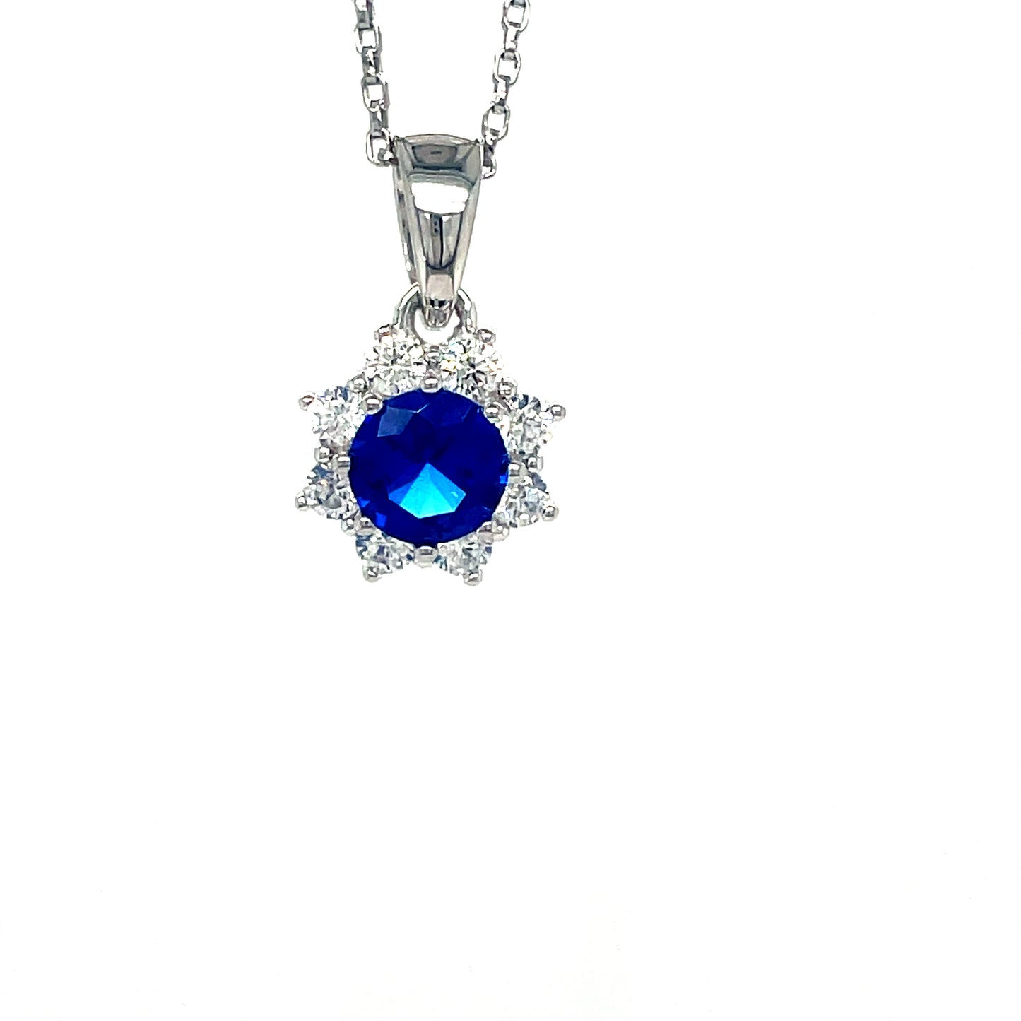 Sterling Silver Round Blue CZ with White CZ Halo Pendant