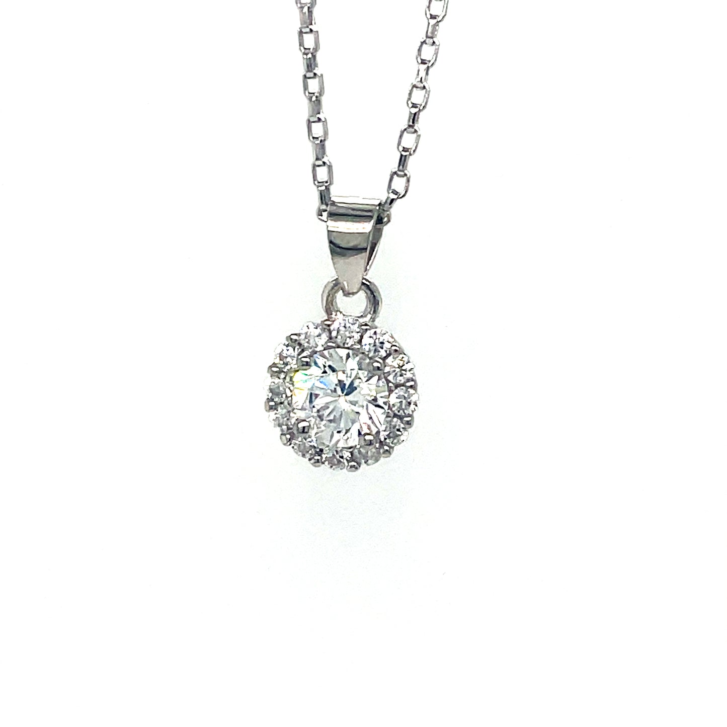 Sterling Silver Round CZ Pendant with CZ Halo