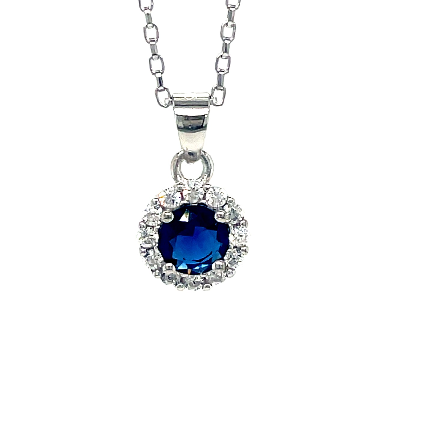 Sterling Silver Blue CZ Pendant with White CZ Halo