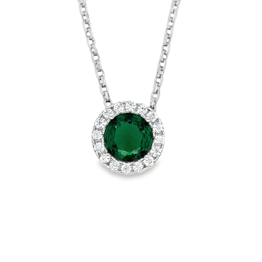 Sterling Silver Green CZ with White CZ Halo Floating Pendant