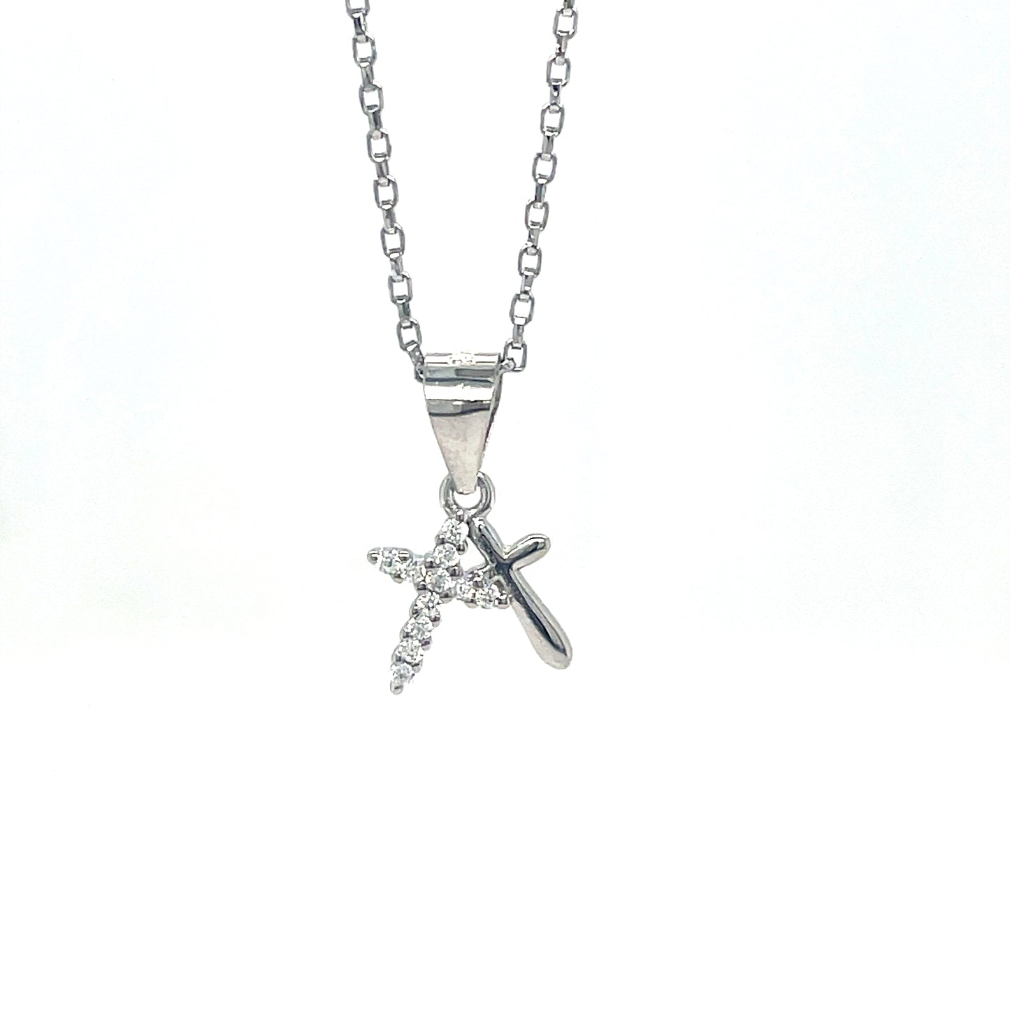 Sterling Silver CZ and Polished Double Cross Pendant