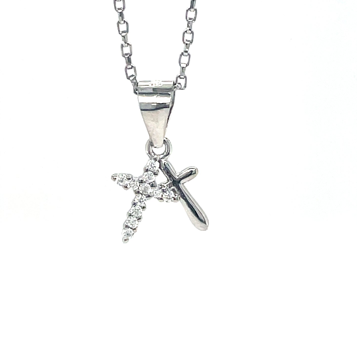 Sterling Silver CZ and Polished Double Cross Pendant