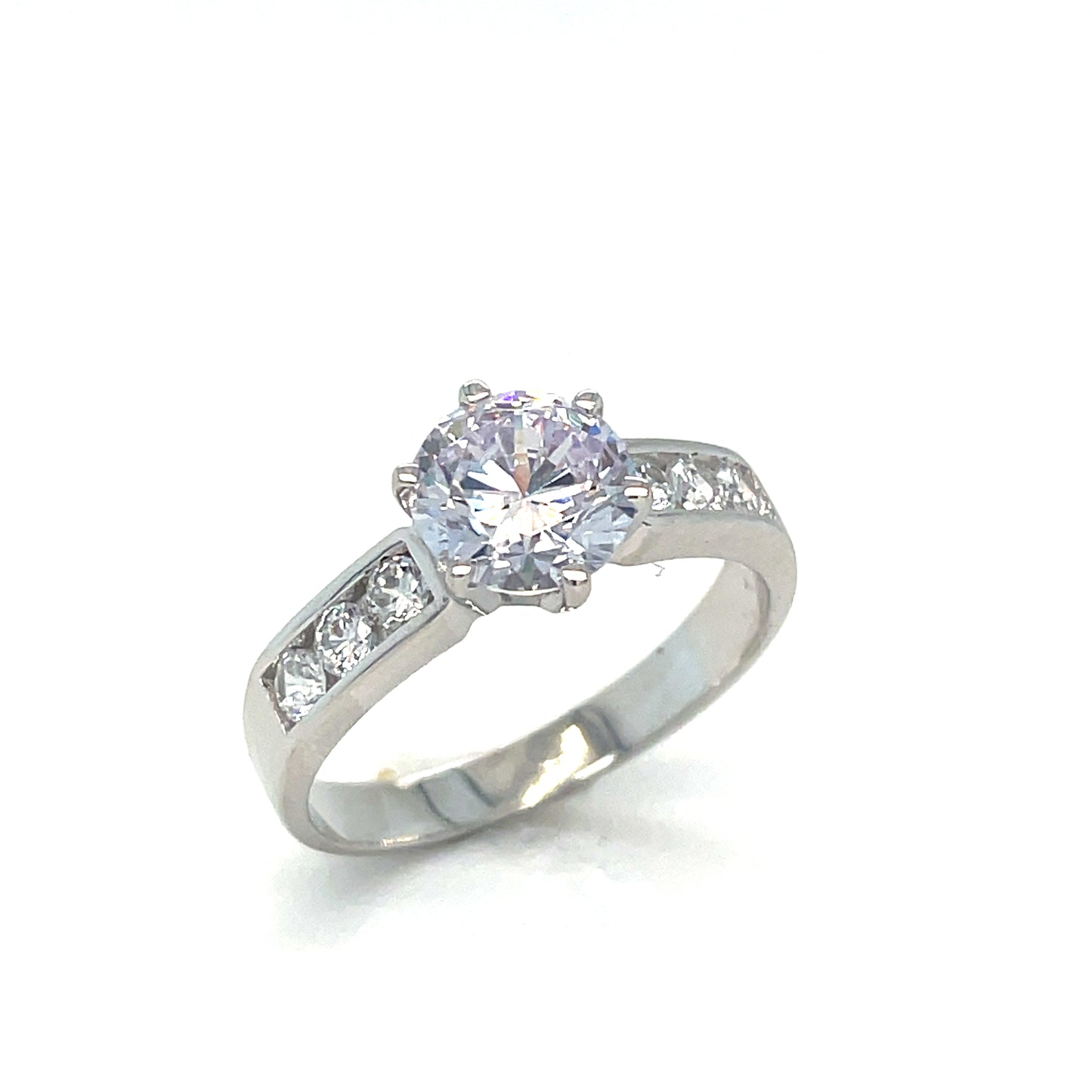 Sterling Silver Ring Round Cubic Zirconia With Cubic Zirconia Shoulders