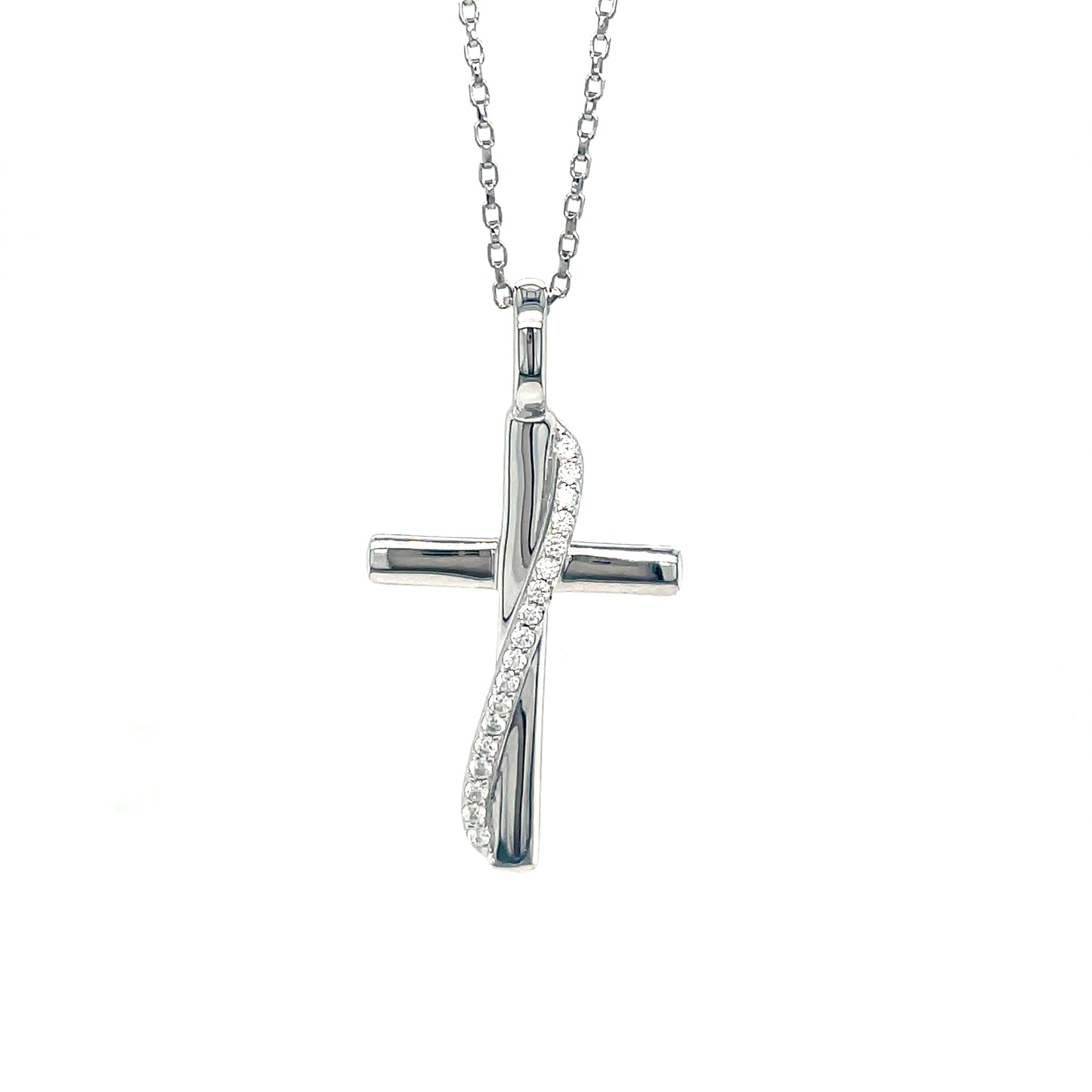 Sterling Silver Polished Cross Pendant with CZ Crossover