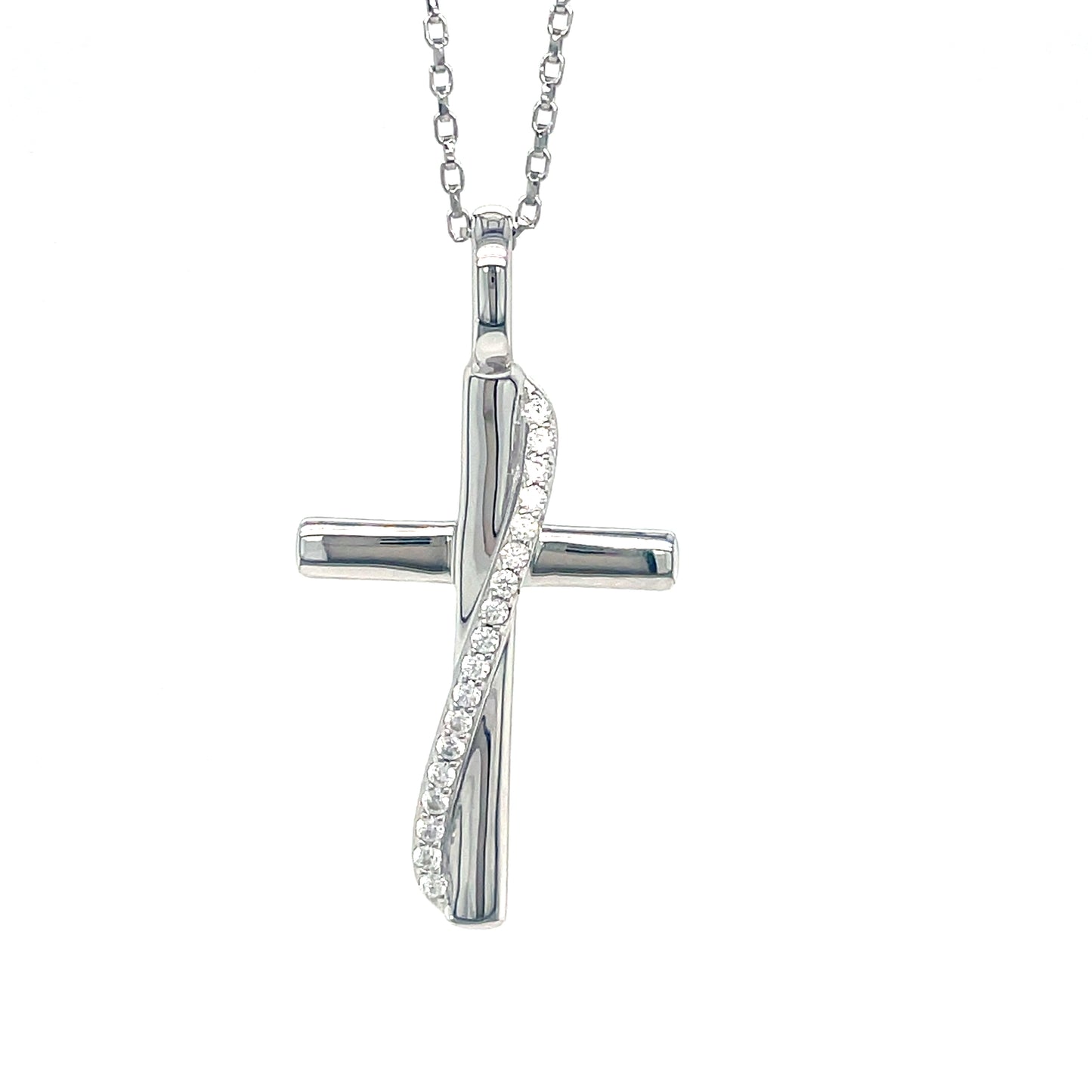 Sterling Silver Polished Cross Pendant with CZ Crossover