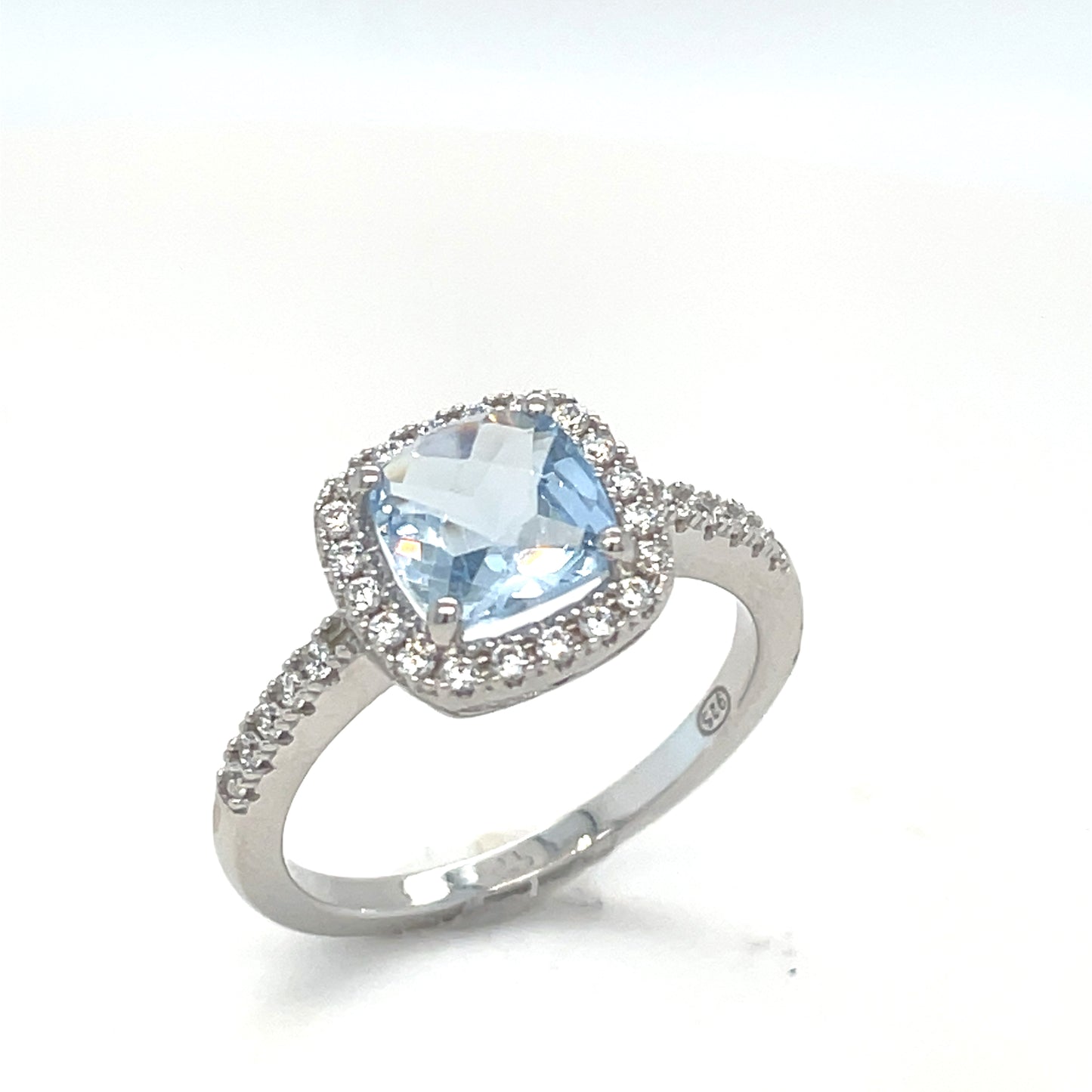 Sterling Silver Ring Blue Cushion Halo Cubic Zirconia Shoulders