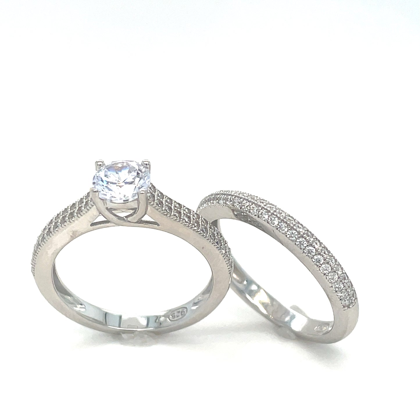 Sterling Silver Ring Pave Set Solitaire With Cubic Zirconia Shoulders + Pave Cubic Zirconia Eternity