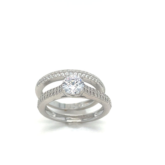 Sterling Silver Ring Pave Set Solitaire With Cubic Zirconia Shoulders + Pave Cubic Zirconia Eternity