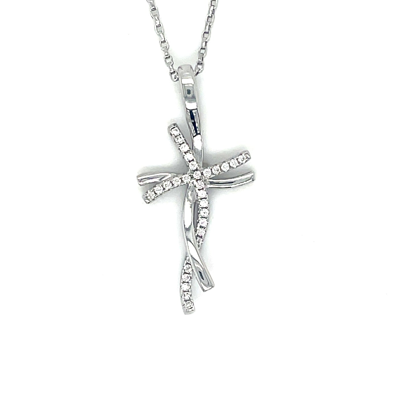 Sterling Silver Polished and CZ Twist Cross Pendant