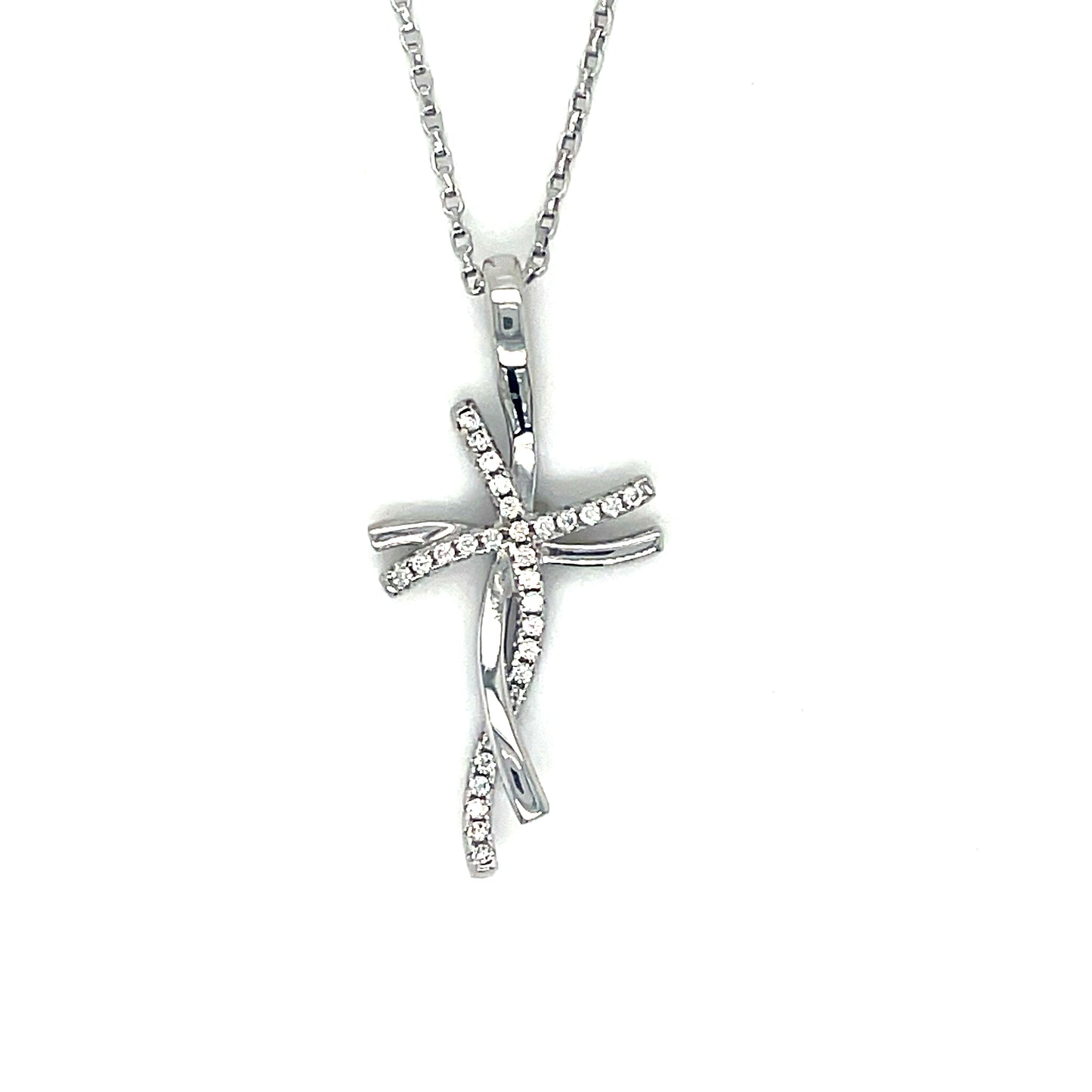 Sterling Silver Polished and CZ Twist Cross Pendant