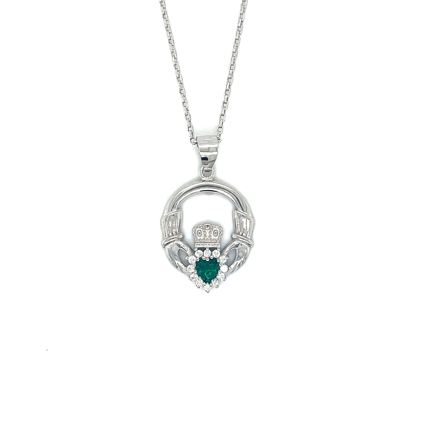 Sterling Silver Open Claddagh Pendant with Green CZ Halo Centre