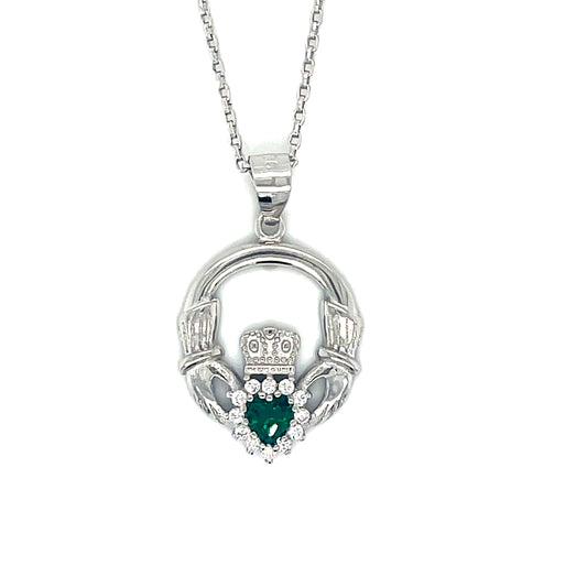 Sterling Silver Open Claddagh Pendant with Green CZ Halo Centre