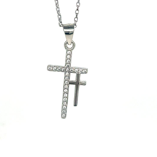 Sterling Silver Polished and CZ Double Cross Pendant