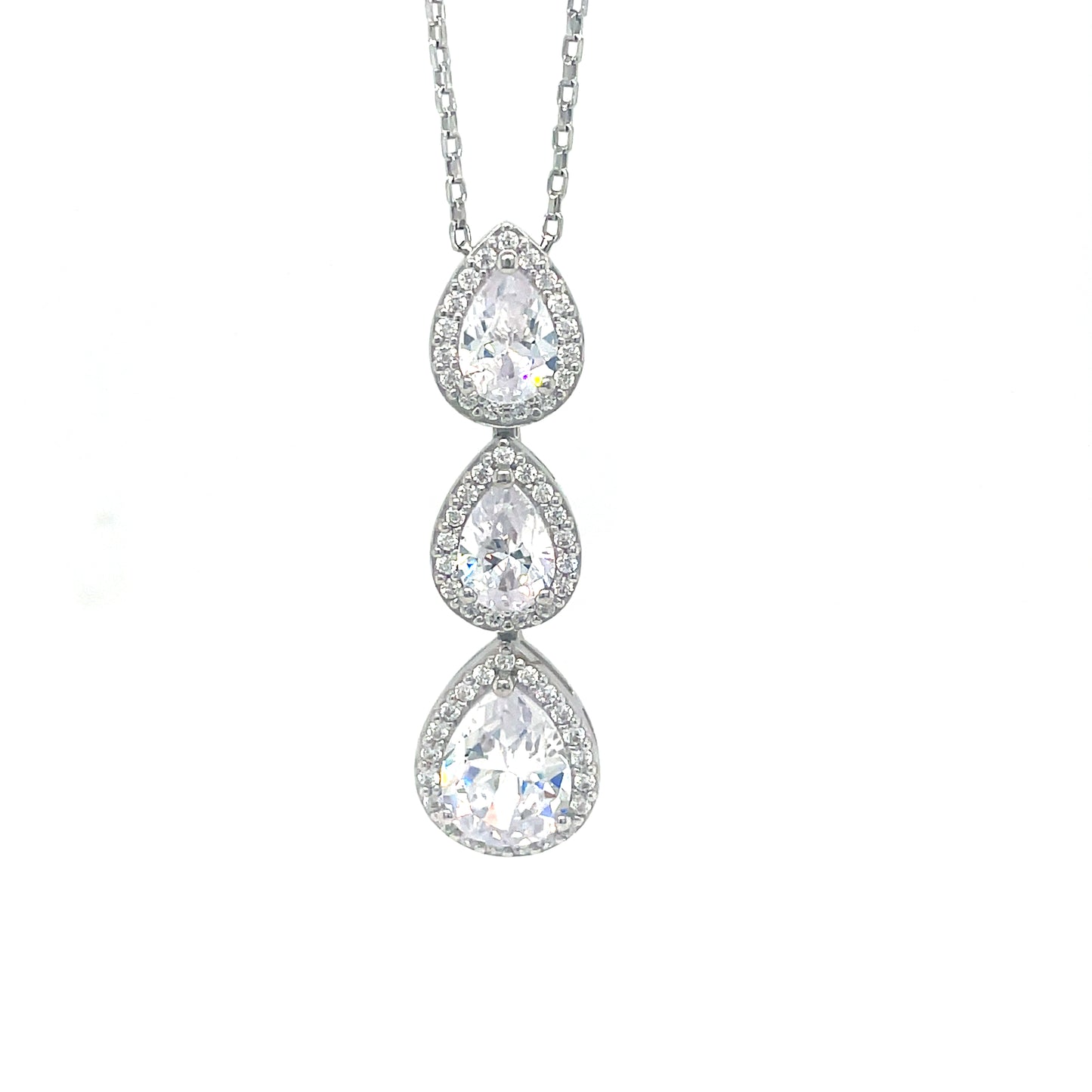 Sterling Silver Triple Pear CZ Halo Drop Pendant