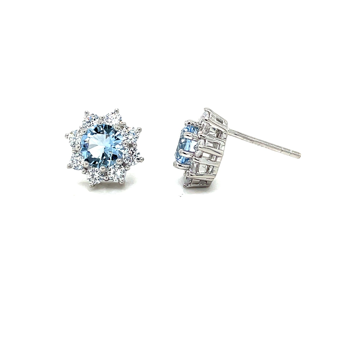 Sterling Silver Round Blue CZ Halo Stud Earring