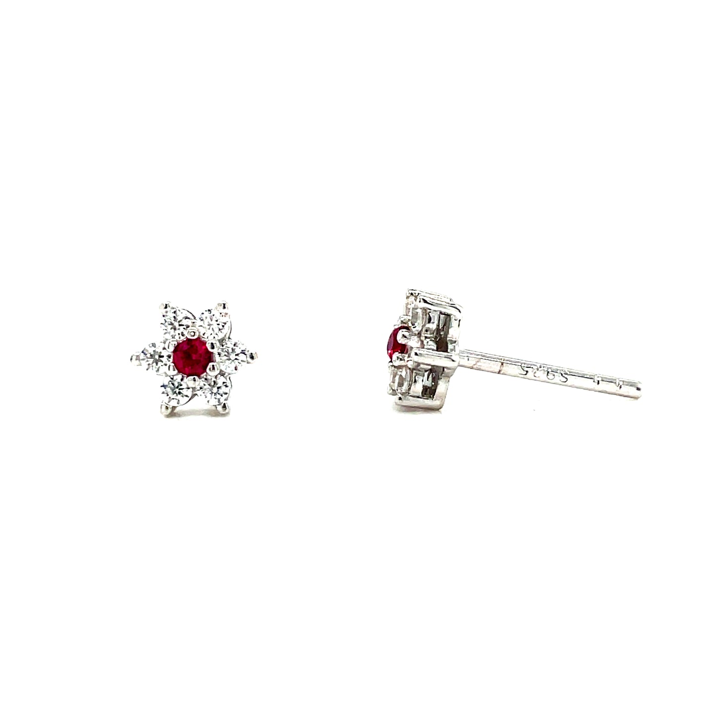 Sterling Silver Red and White CZ Flower Cluster Stud Earrings