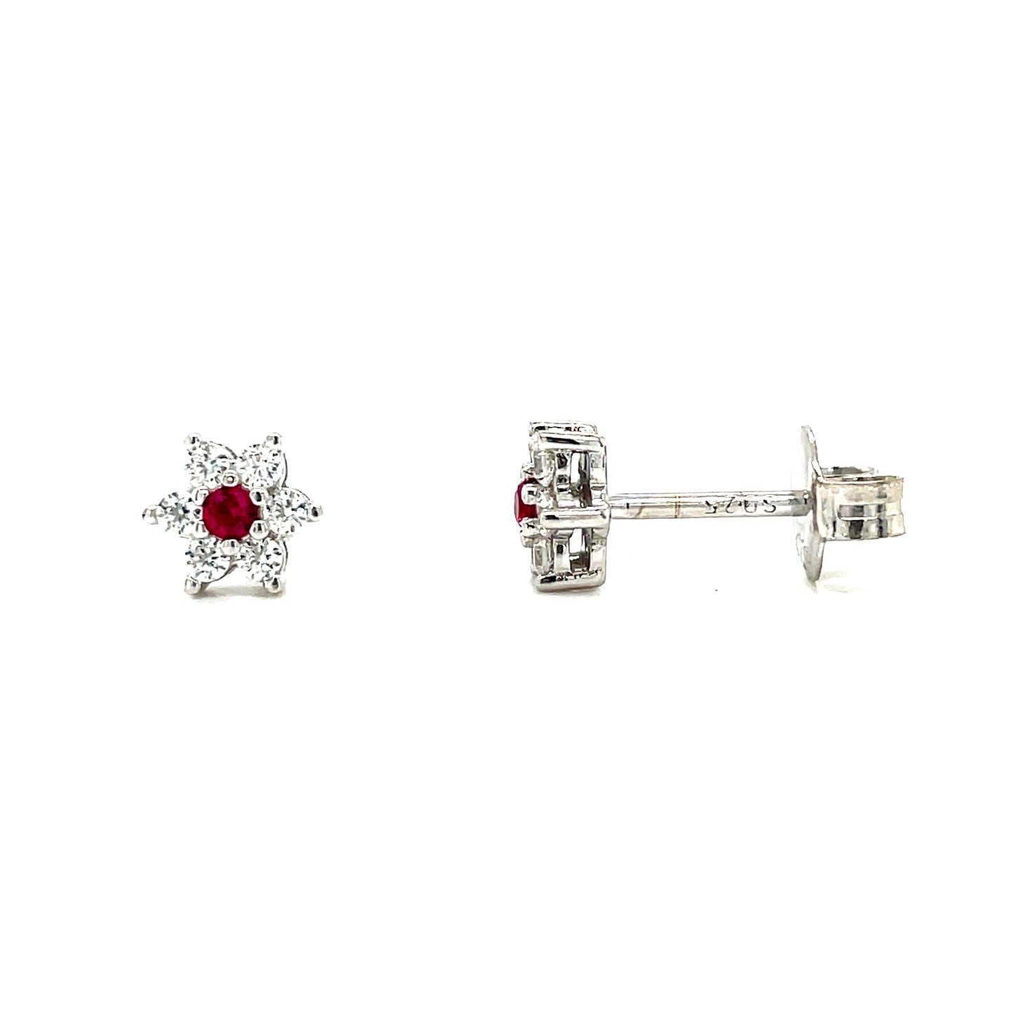 Sterling Silver Red and White CZ Flower Cluster Stud Earrings