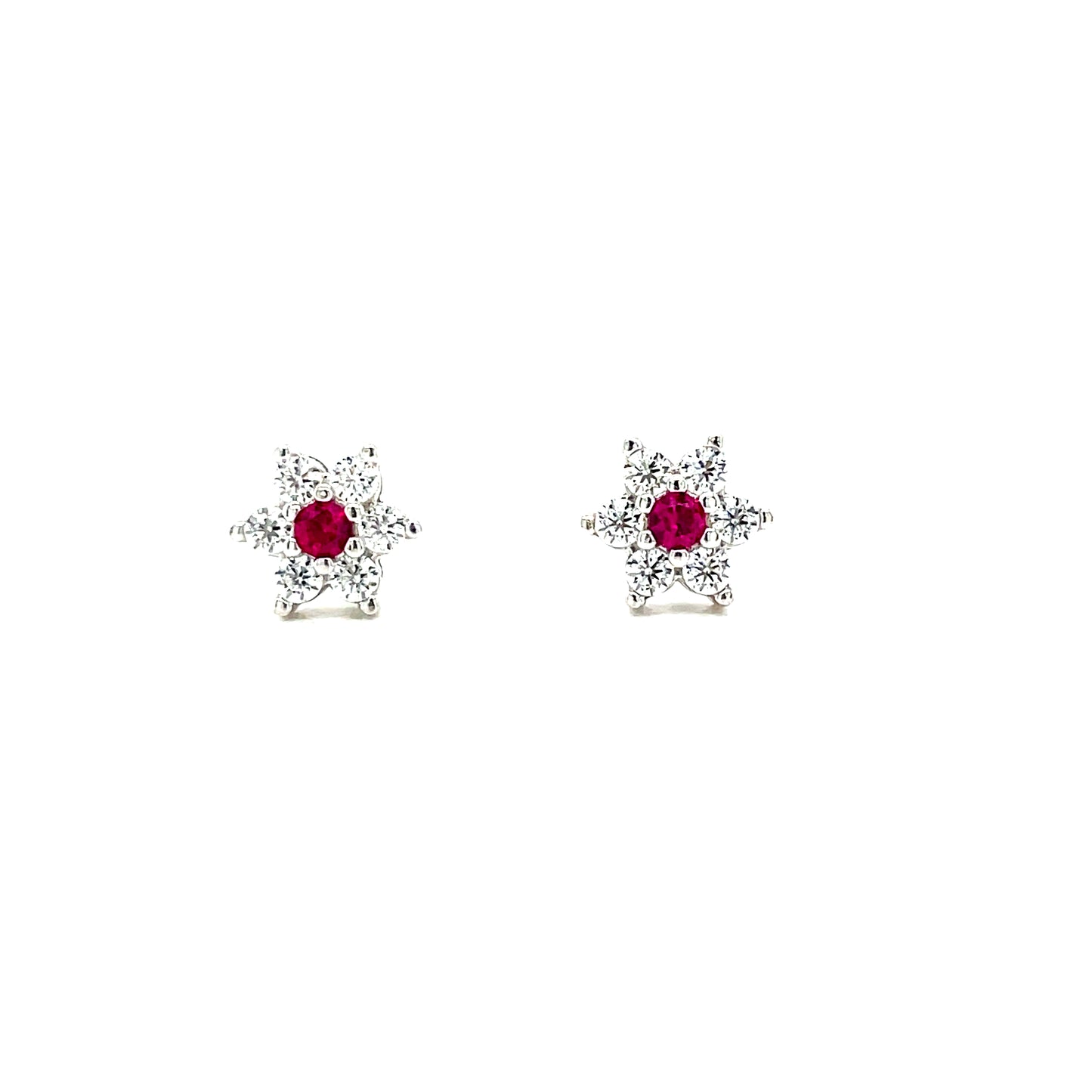 Sterling Silver Red and White CZ Flower Cluster Stud Earrings