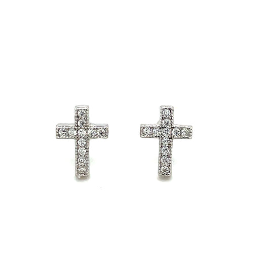 Sterling Silver Milgrain Edge CZ Cross Earrings