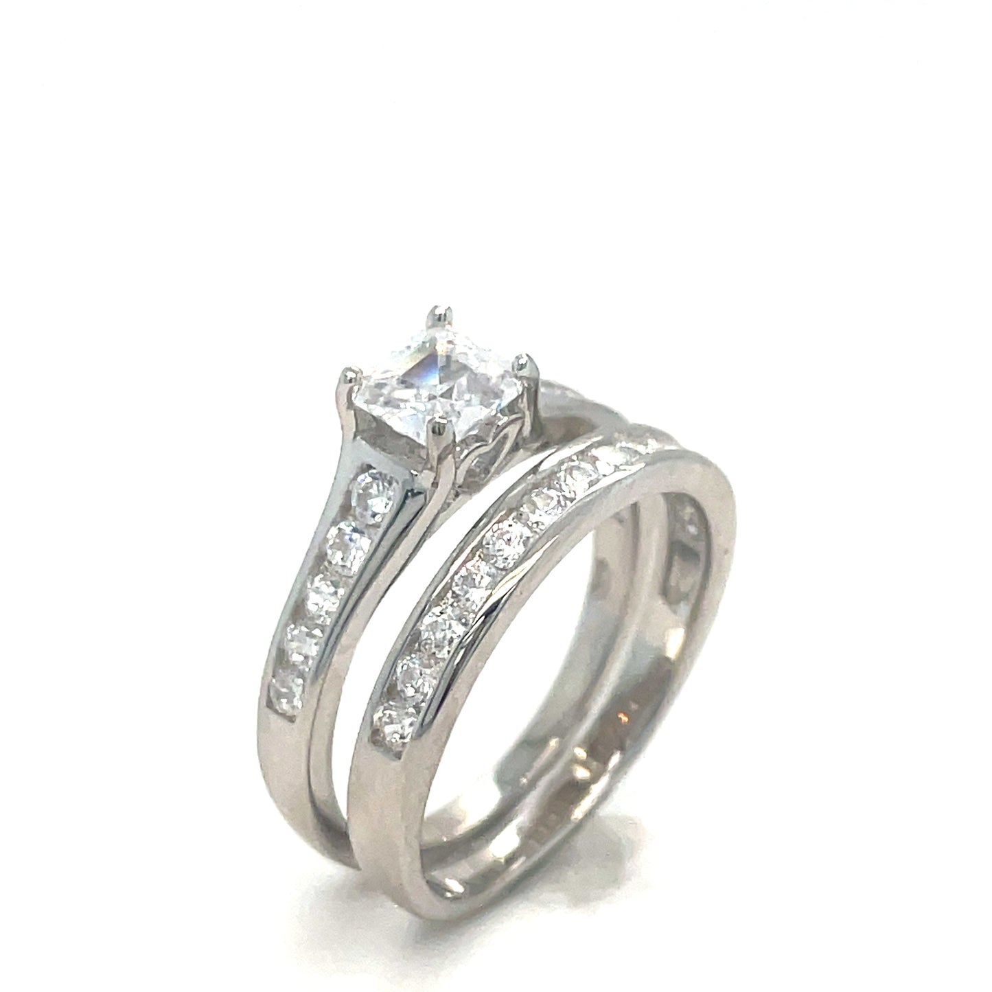 Sterling Silver Ring Set Square Cubic Zirconia with Cubic Zirconia Shoulders + matching Cubic Zircon