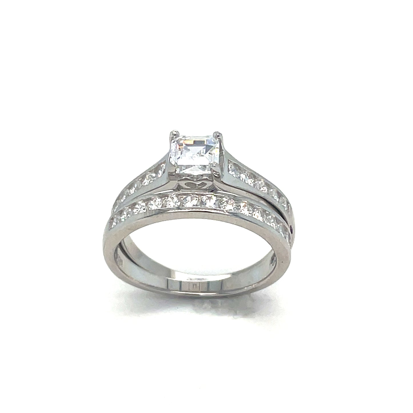 Sterling Silver Ring Set Square Cubic Zirconia with Cubic Zirconia Shoulders + matching Cubic Zircon