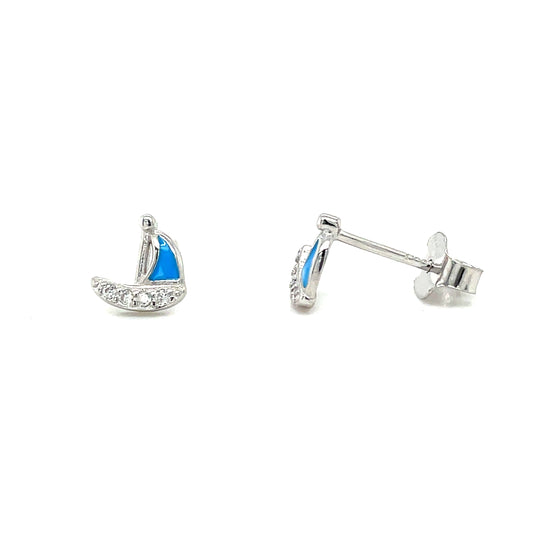 Sterling Silver Anchor and Blue Enamel Boat Kids Earrings