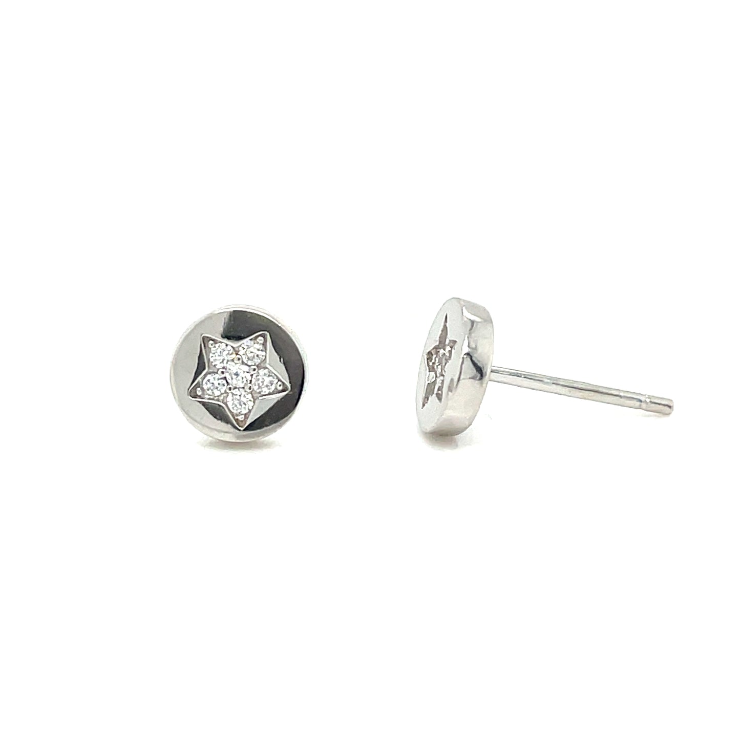 Sterling Silver Round Stud with Pave CZ Star Centre Earrings