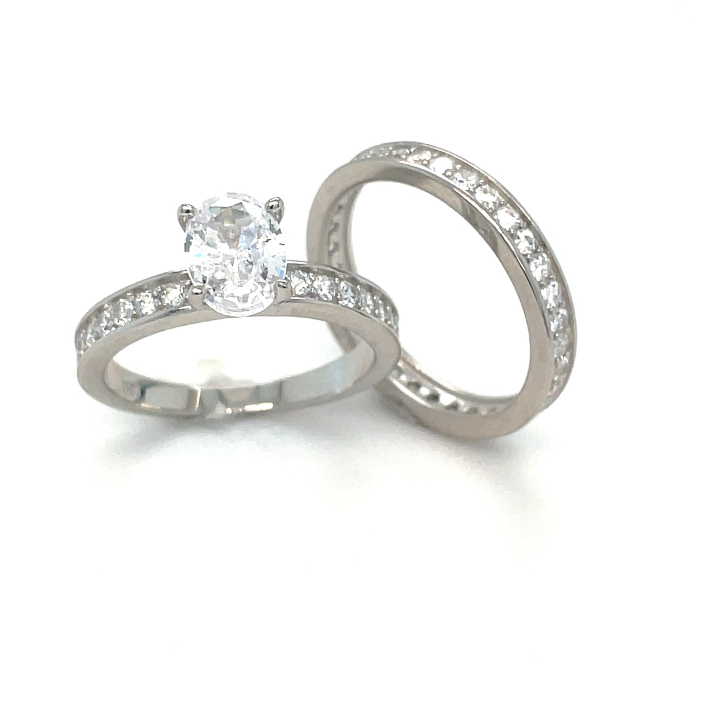 Sterling Silver Ring Set Solitaire with Oval Cubic Zirconia Shoulders + Matching Cubic Zirconia Cha