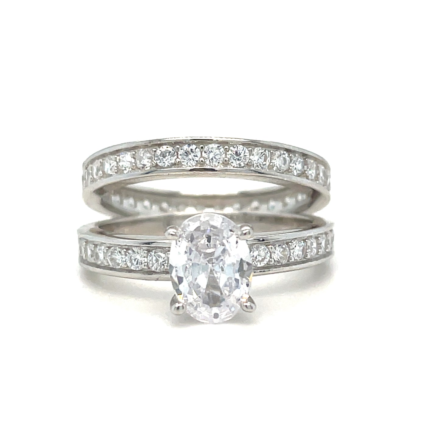 Sterling Silver Ring Set Solitaire with Oval Cubic Zirconia Shoulders + Matching Cubic Zirconia Cha