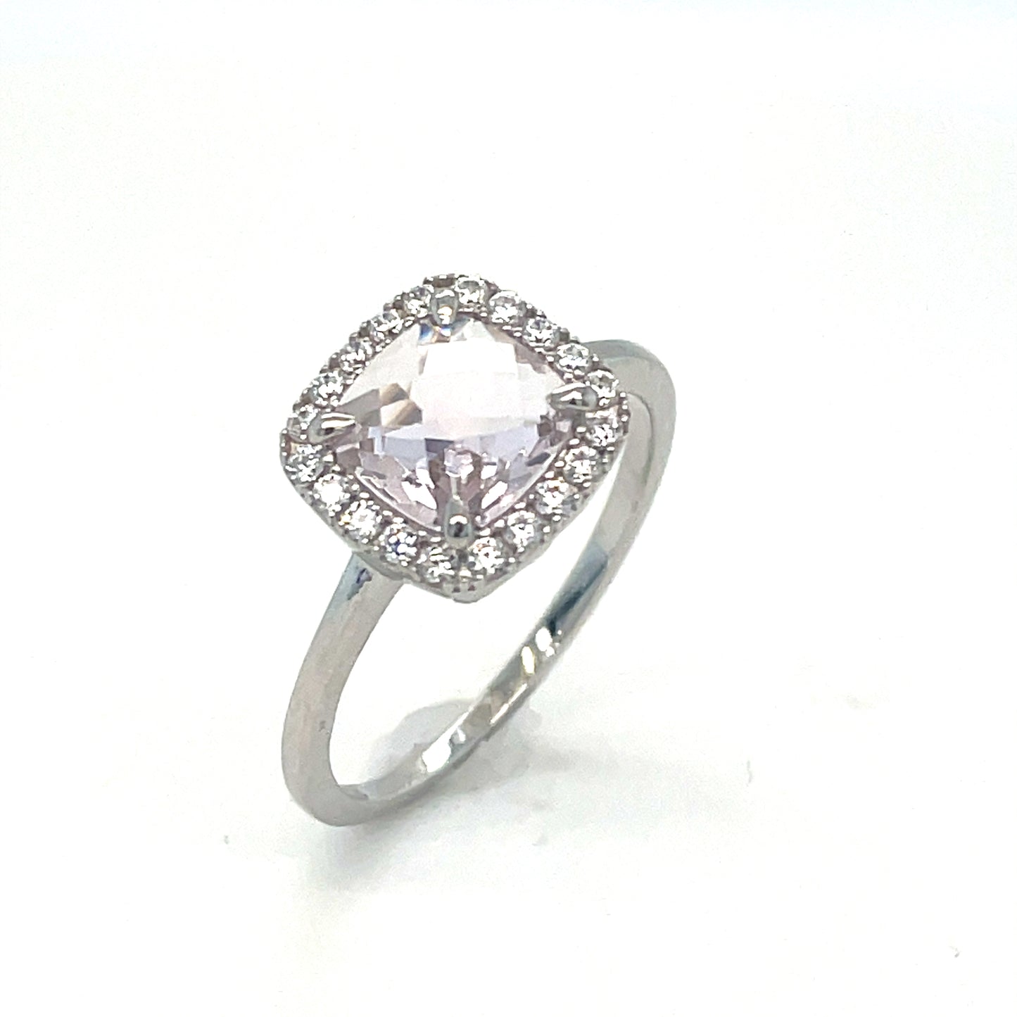 Sterling Silver Pink Cubic Zirconia Cushion Halo