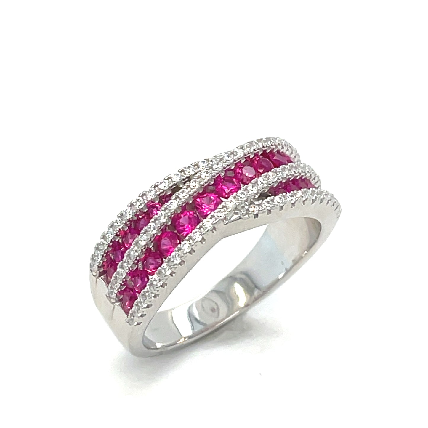 Sterling Silver Ring Red/White Cubic Zirconia Crossover