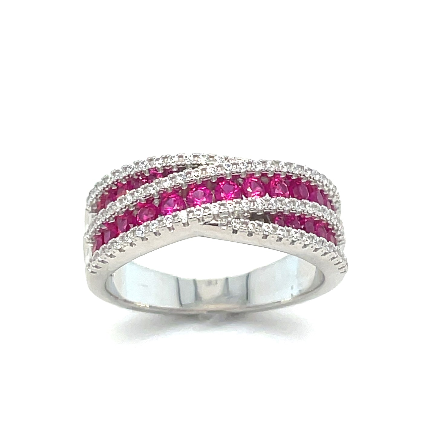 Sterling Silver Ring Red/White Cubic Zirconia Crossover