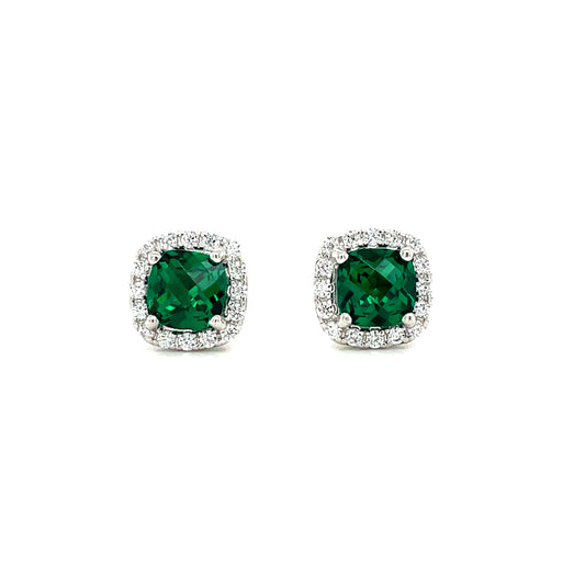 Sterling Silver Green and White CZ Cushion Cluster Earrings