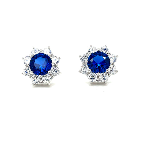 Sterling Silver Round Blue and White CZ Cluster Earrings