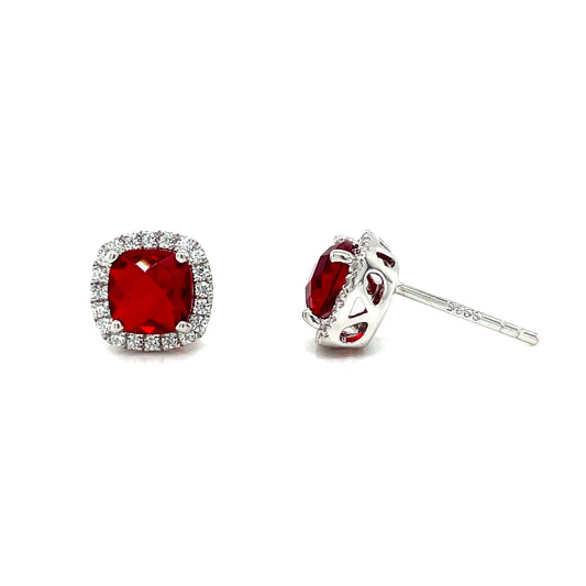 Sterling Silver Red and White CZ Cushion Cluster Earrings