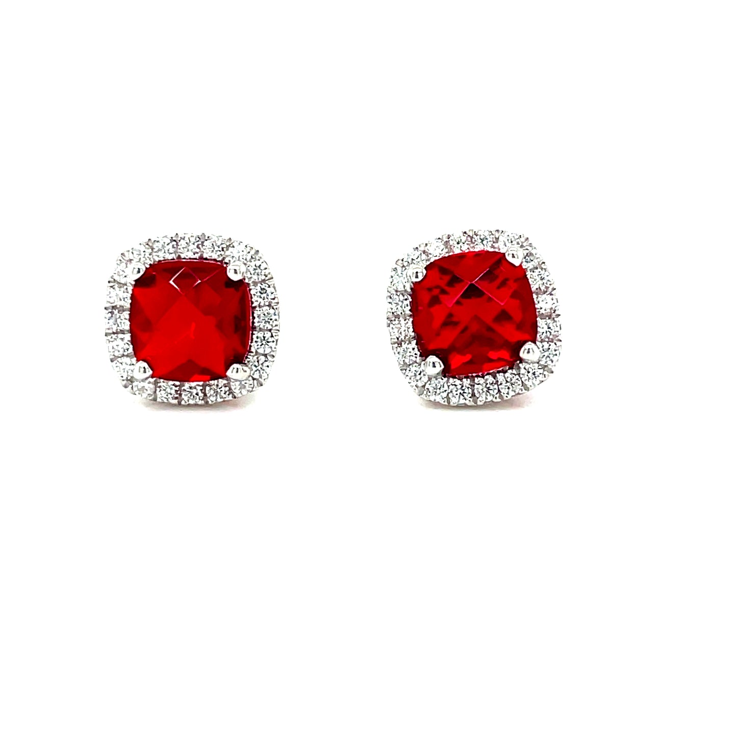 Sterling Silver Red and White CZ Cushion Cluster Earrings
