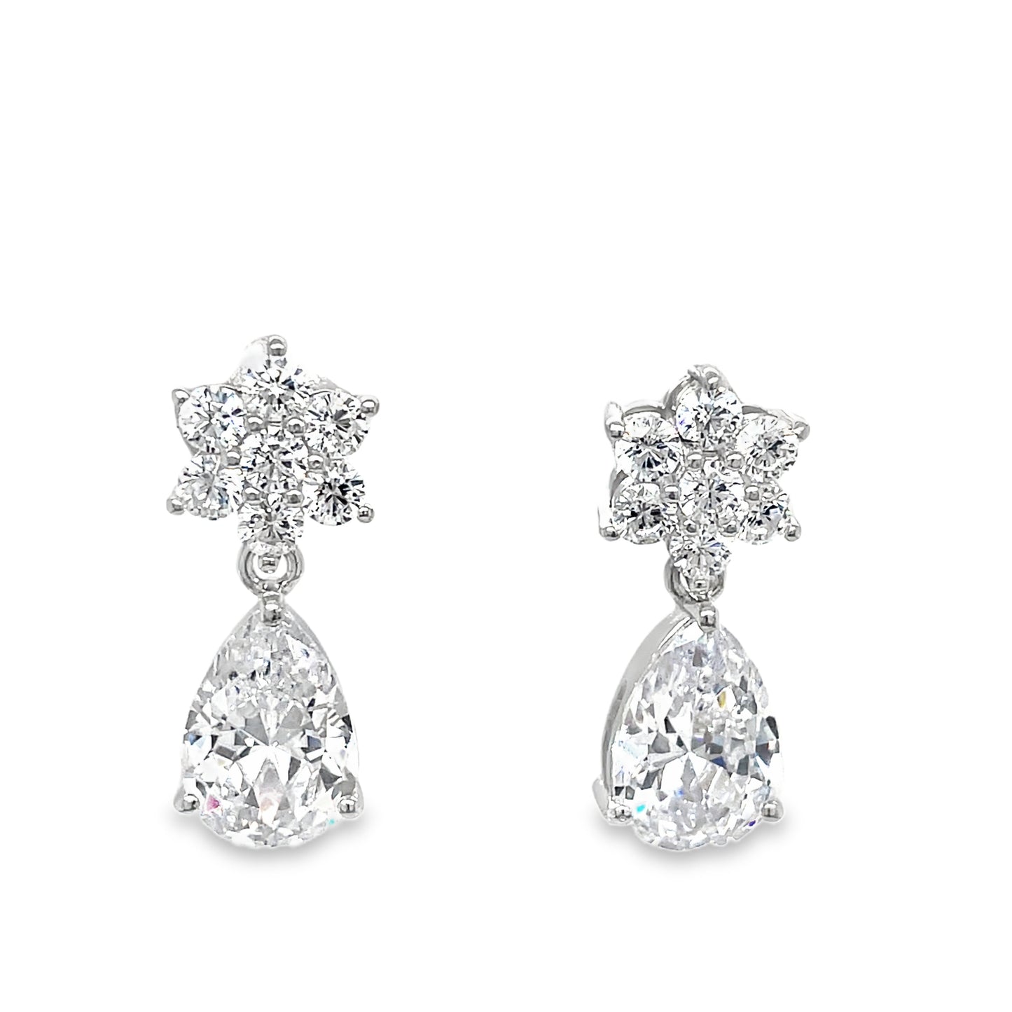 Sterling Silver CZ Flower Cluster with Pear Drop Earrings